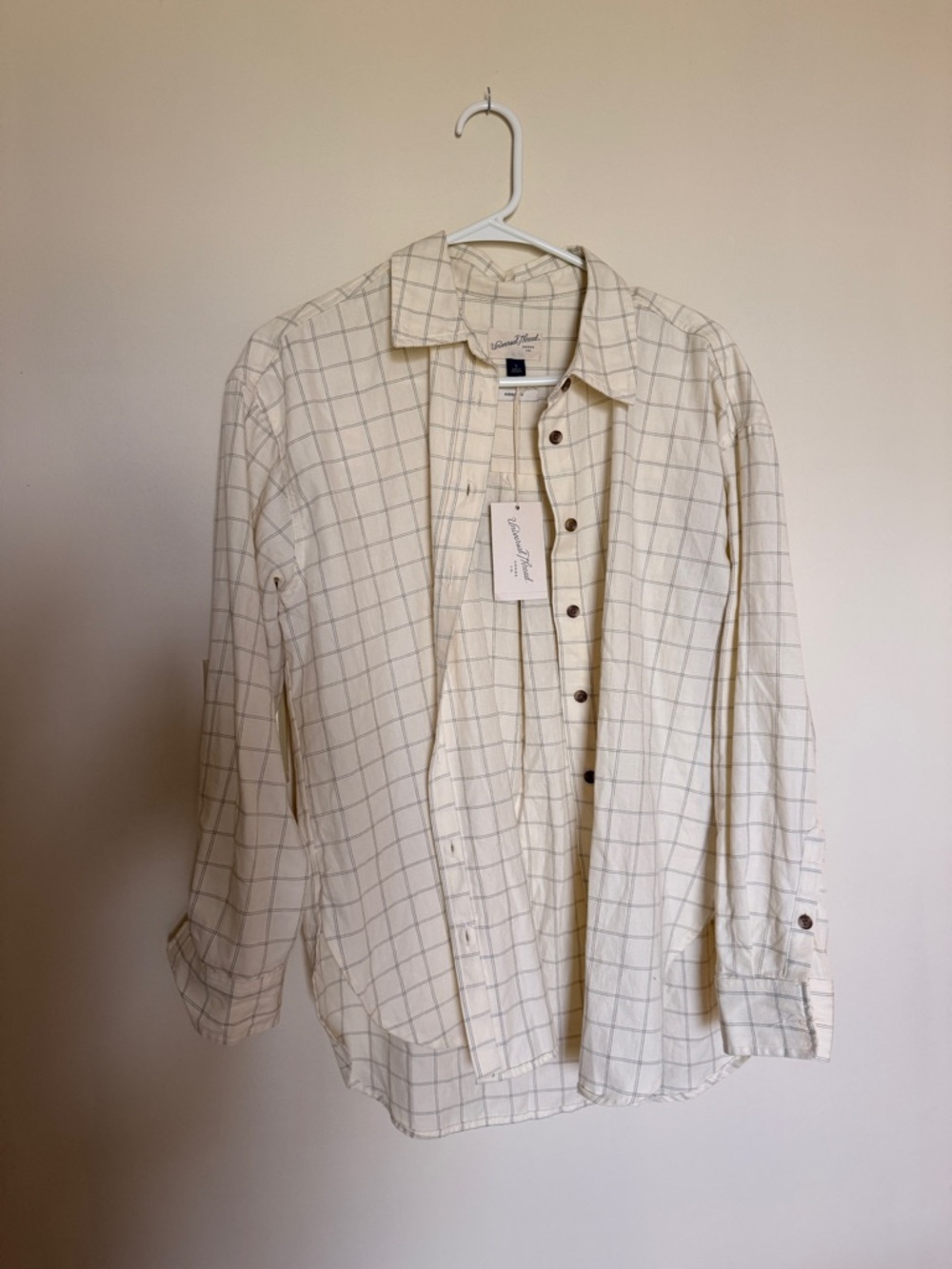 Universal Thread Cream Shirt with Navy Windowpane Plaid